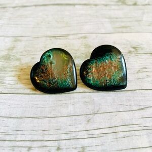 Vintage Acrylic Heart Shaped Earrings - Black-Green-Copper